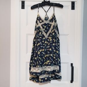 Umgee Sleeveless Boho Floral Dress Womens S Lace Detail Ruffle Hem Navy Yellow